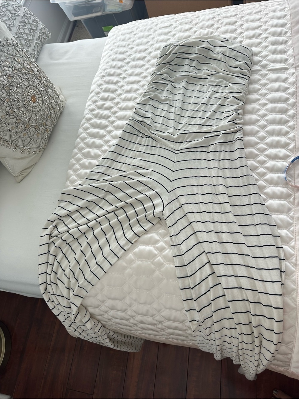 Striped Strapless Jumpsuit in off white and Black stretchy bell bottoms